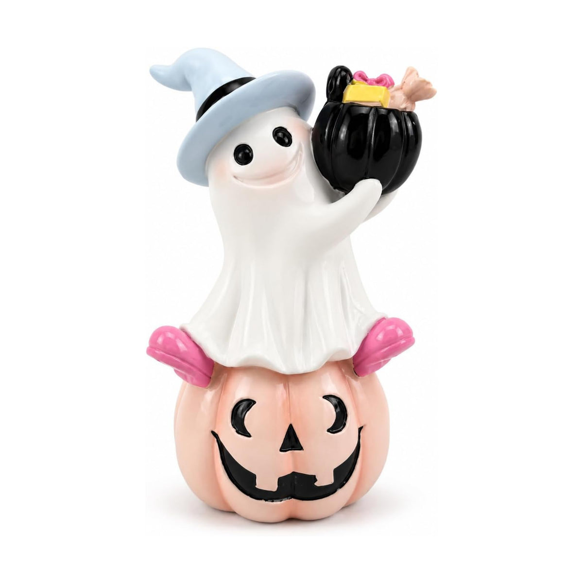 Halloween Ghost Pumpkin Figurine, Cute Resin Ghost on Jack O Lantern with Witch Hat and Candy Bucket, Spooky Shelf Decor for Mantel Table Tiered Tray Home Office Decoration Gift (Ghost on Pumpkin)
