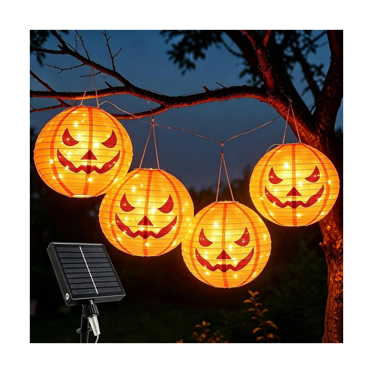 HUGSVIK 4Pcs Solar Pumpkin Lantern Outdoor Hanging Halloween Decorations