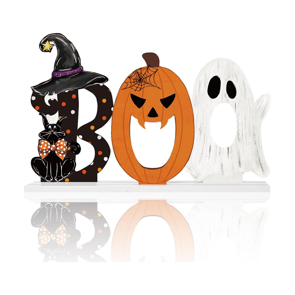 Smile Halloween Wooden Standing Decor Set Ghost Pumpkin and Black Cat