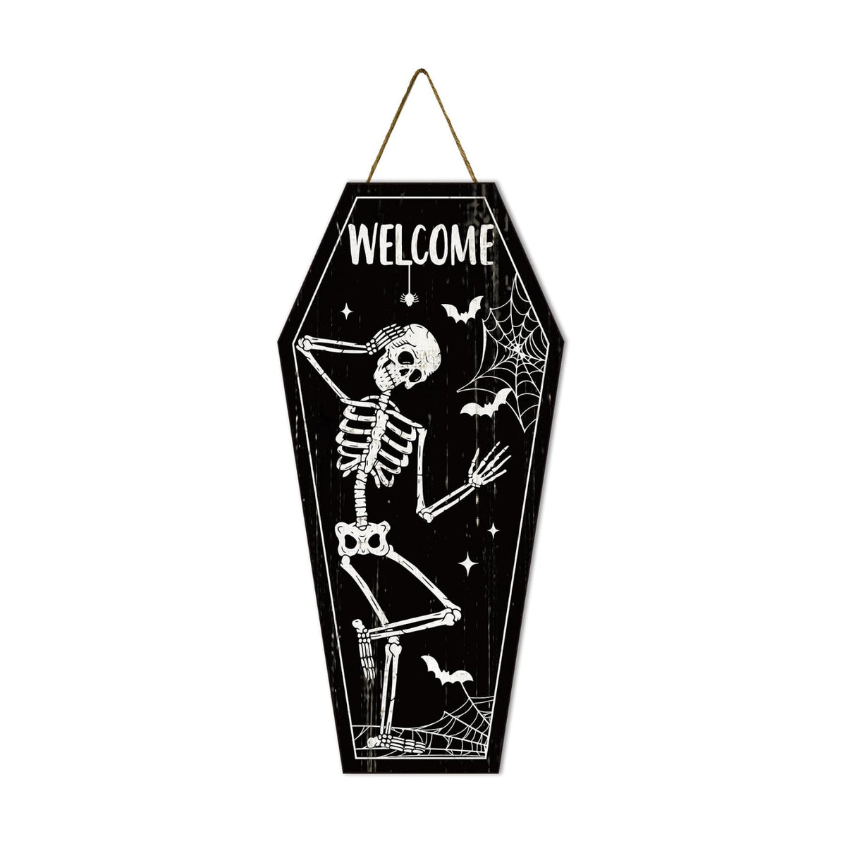 Smile Halloween Wooden Door Hanger with Welcome Skeleton Coffin Design