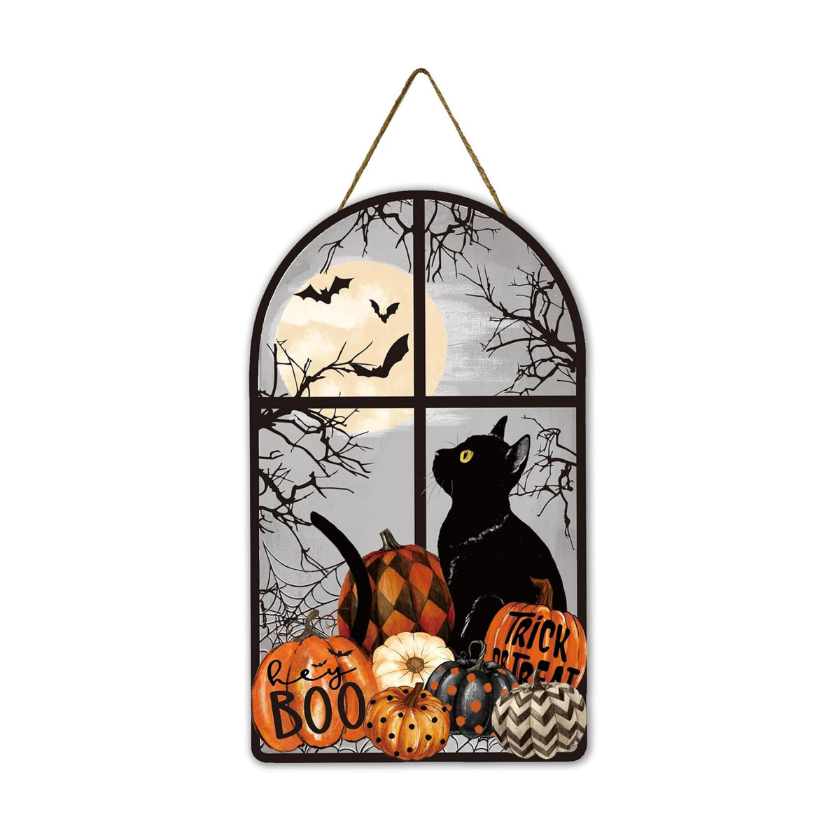 Smile Halloween Wooden Door Hanger with Black Cat