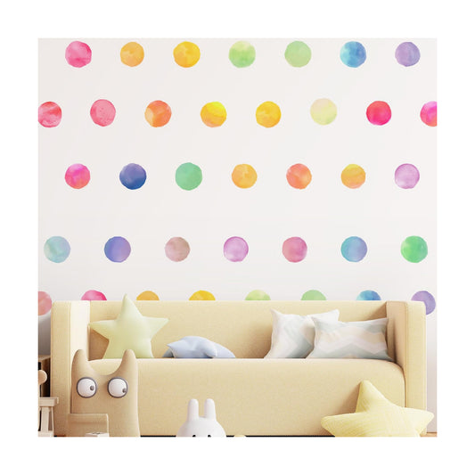 Rainbow Colored Removable Round Stickers / Boho Watercolor Polka Dot Wall Decals