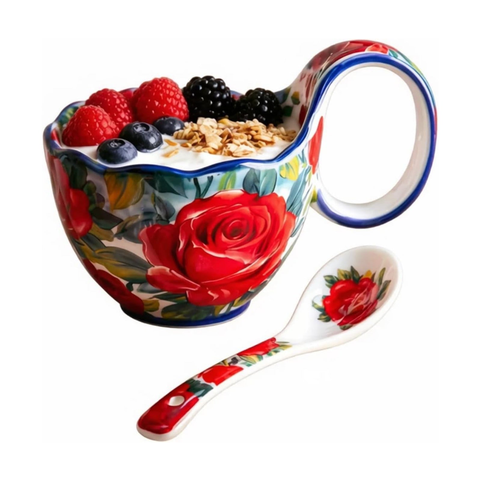 Ceramic Soup Bowl / Rose Flowers - Hand Painted Loop Handle Soup Bowl with Spoon