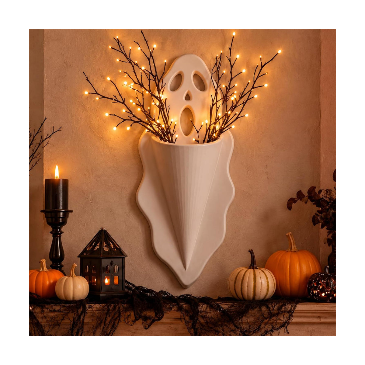 Ghost Wall Planter 13.4" White Scream Face Resin Halloween