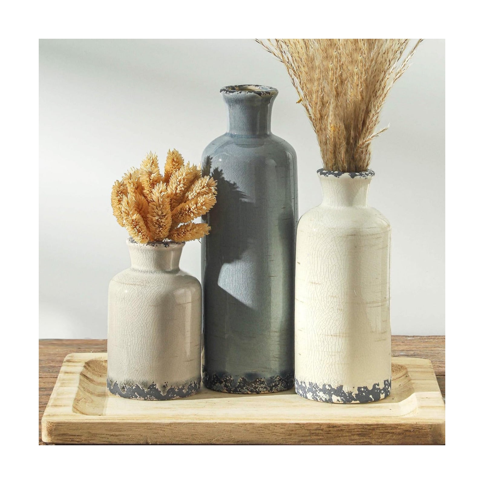 Ceramic Vase Set of 3, Neutral Flower Vases Home Decor, Pottery Rustic Farmhouse Decorative Vases Modern Decor for