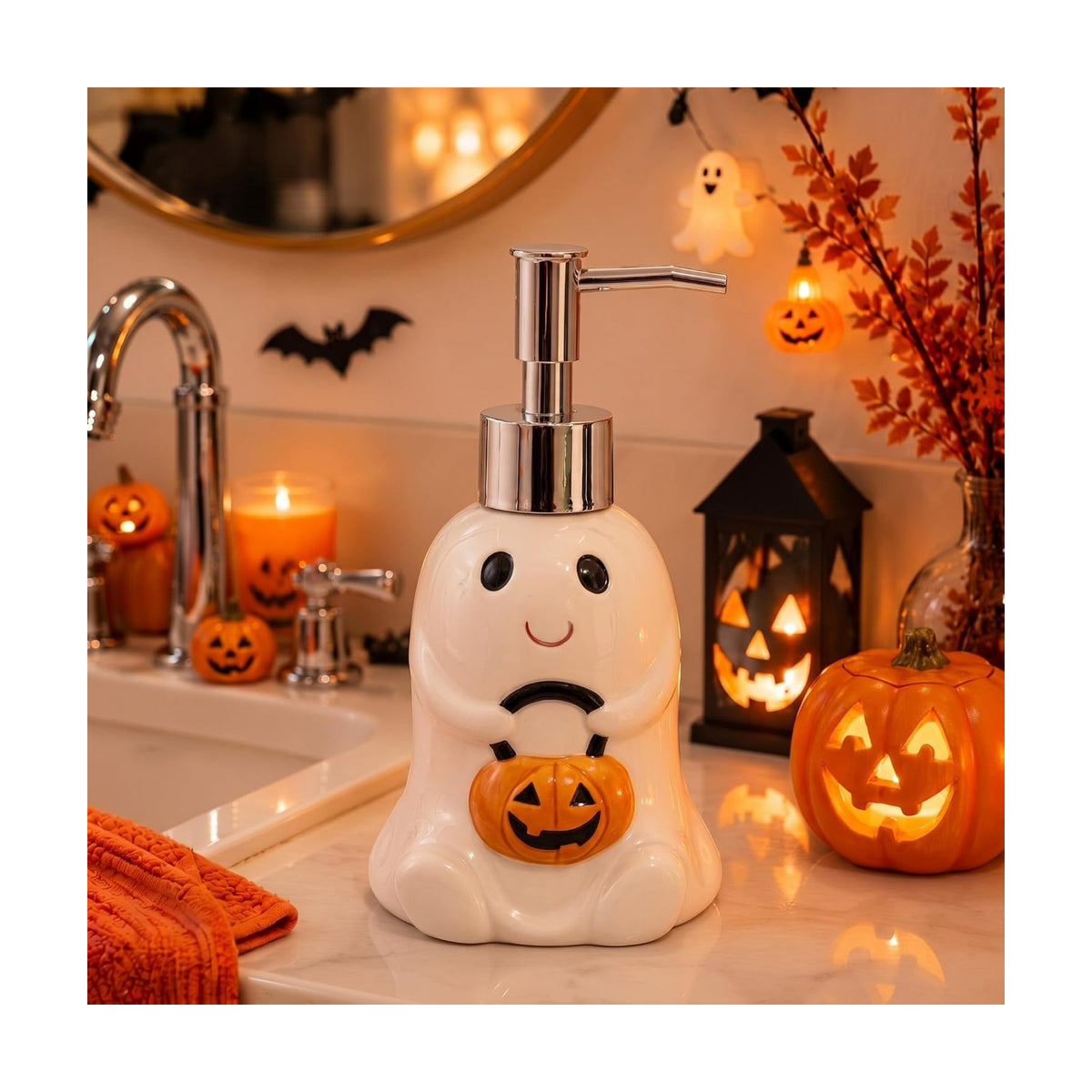 Potchen Ghost and Pumpkin Soap Dispenser Ceramic Pump Bathroom Decor