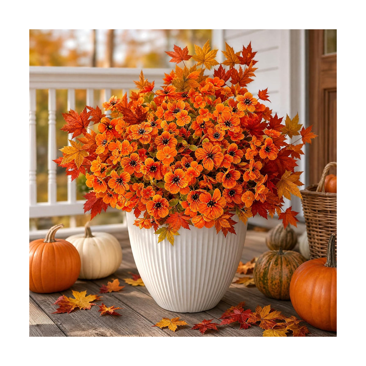 10Pcs Artificial Fall Flowers Outdoor UV Resistant, Faux Mums Orange Silk Flowers with 3-Tone Maple Leaves for Porch Planters, Thanksgiving Autumn Harvest Decor, 14 Inch