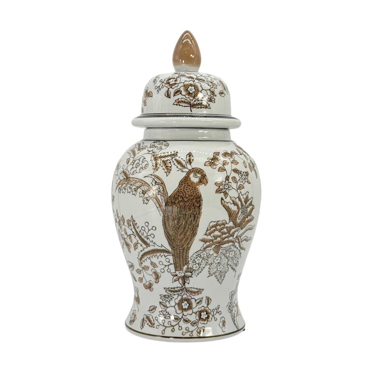 Galt International 14" Brown & White Floral Parrot Ceramic Porcelain Ginger Jar Floral Home Décor Jar Urn Shape Vase