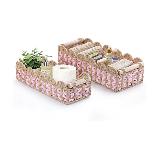 Handwoven Rattan Storage Basket Set / Pink / Set of 2