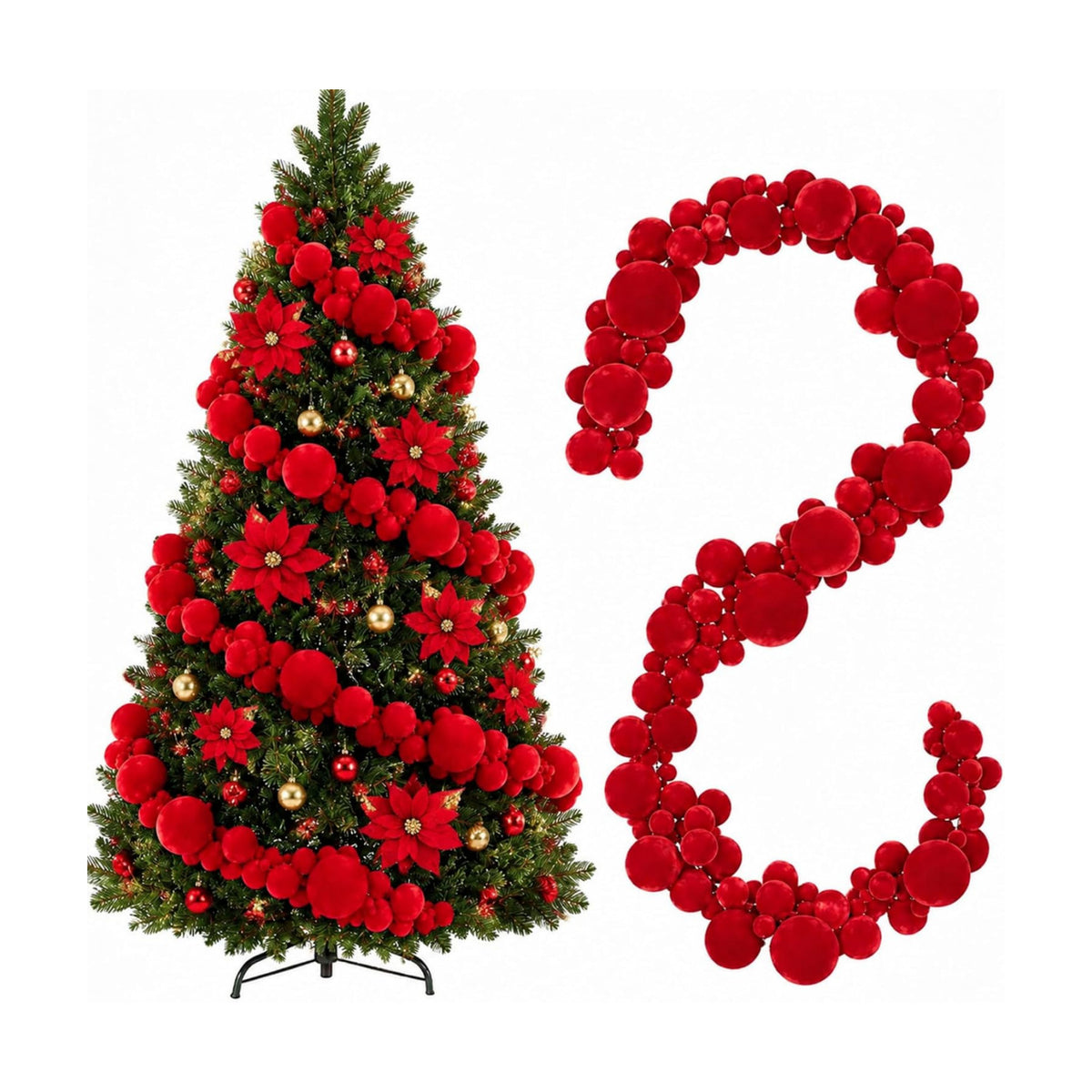 2 Pcs 6 ft Red Velvet Christmas Ball Ornament Garland