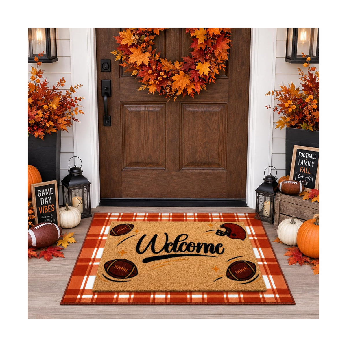 2 Pcs Fall Football Doormat-Fall Decor Orange White Door Mat Outdoor Set