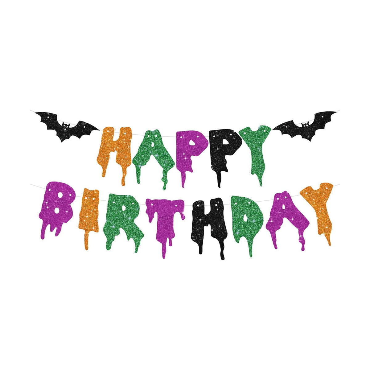Glitter Happy Birthday Halloween Banner - NO DIY - Halloween Hanging Paper Garland Bunting Banner Decorations, Party Supplies for Kids Boy Girl Birthday Orange Green Purple