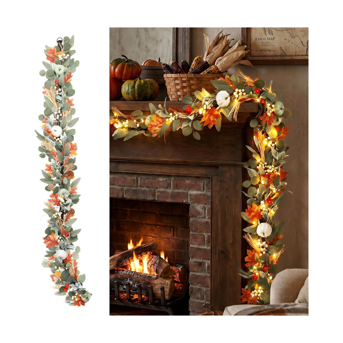 MUMTOP Lighted Fall Garland Eucalyptus Pumpkin, 6FT Thanksgiving Decor