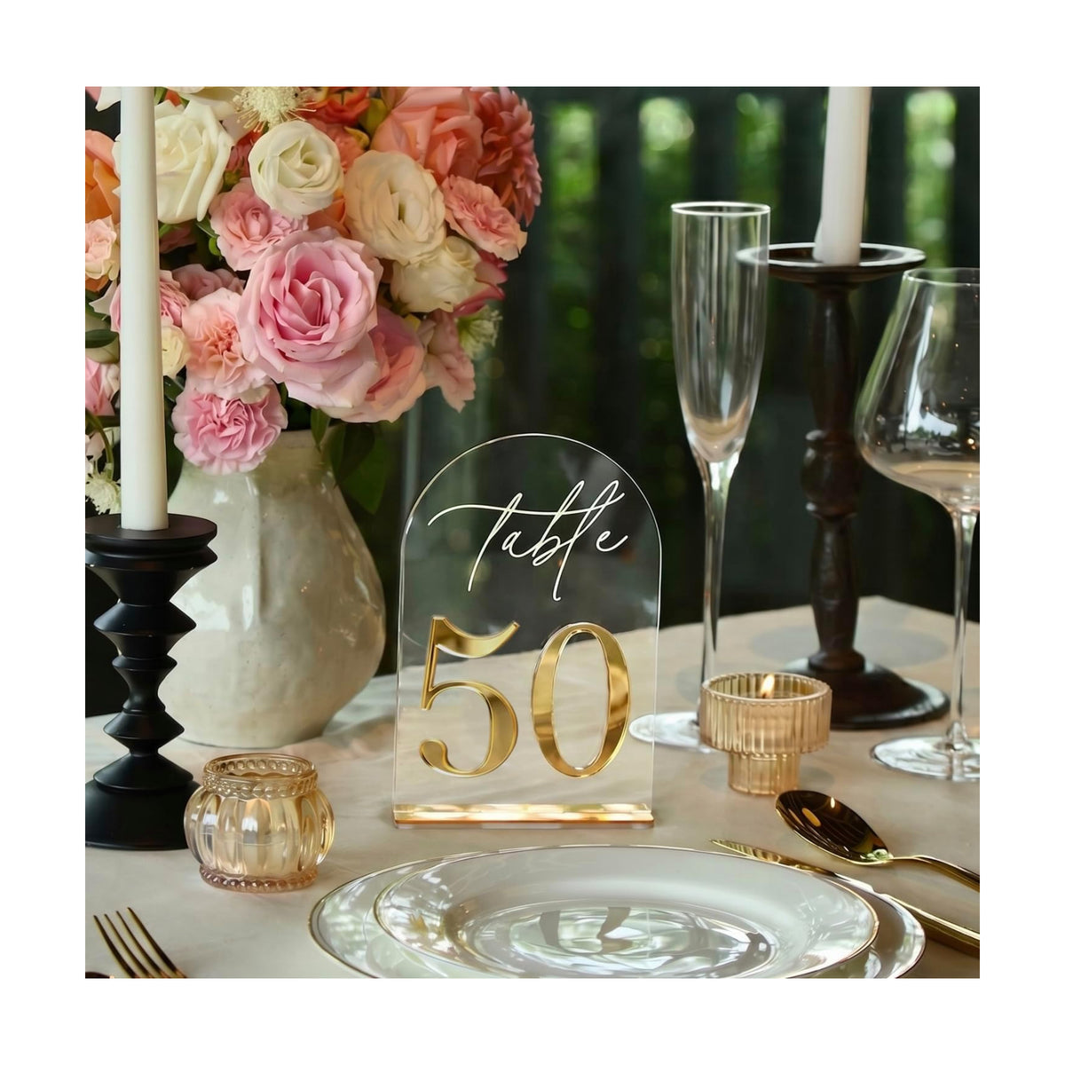 Crystal Clear Acrylic Wedding Table Numbers 31-50 Set, Self-Standing Modern Arched Wedding Signs for Reception Seating
