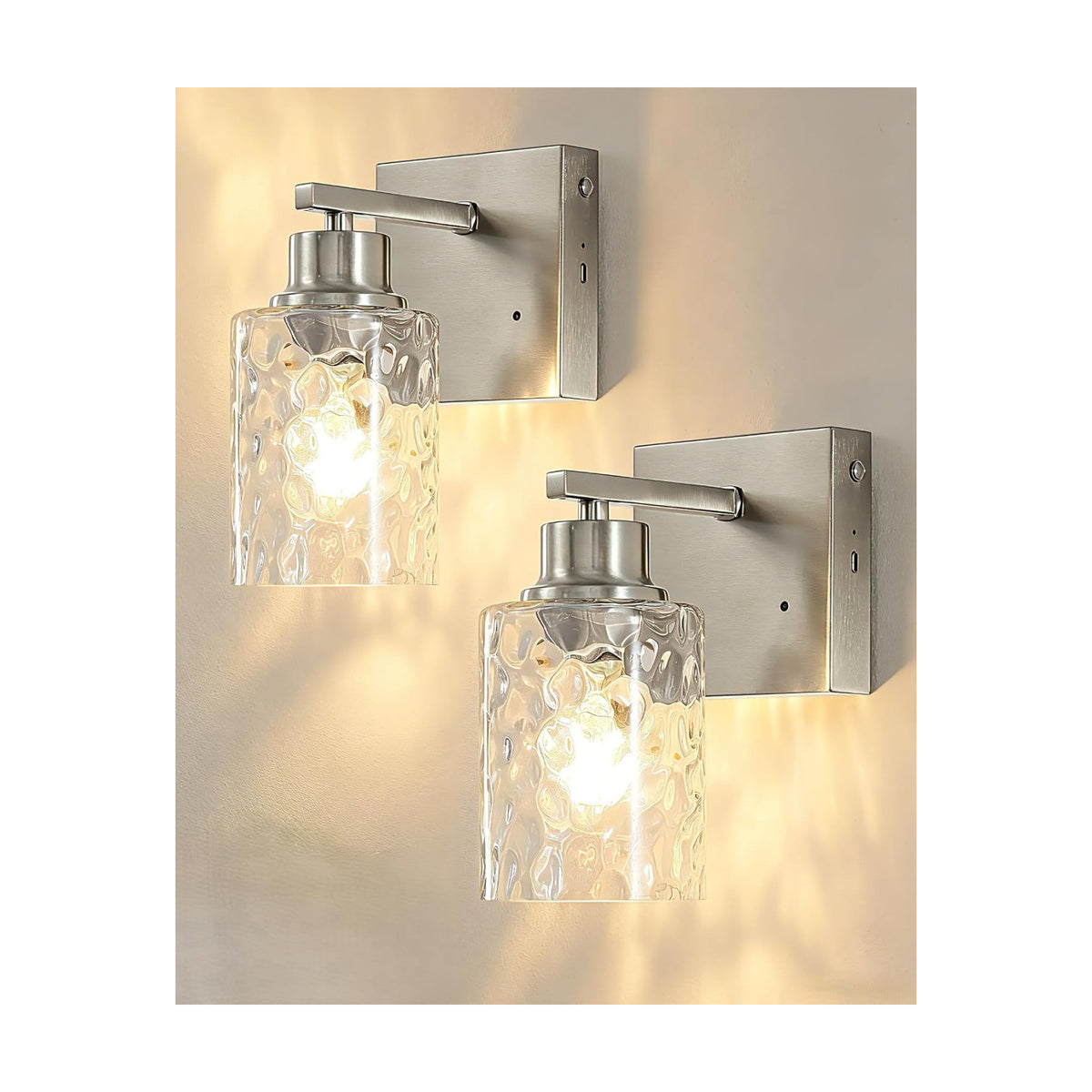 Hammered Glass Wireless Battery Operated Wall Sconces Set of Two Nickel | Dimmable Rechargeable Wall Lights with Remote