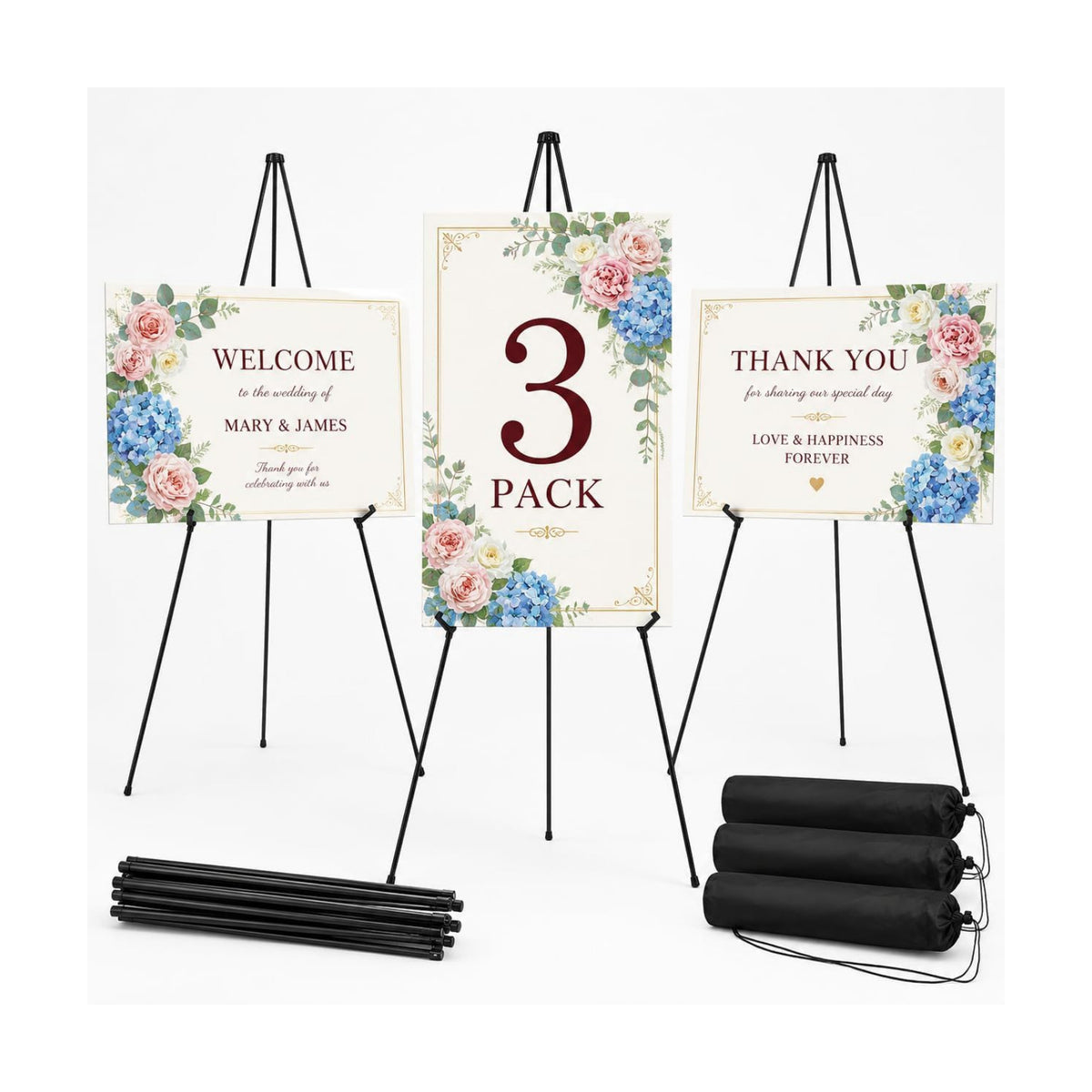 3 Pack Easel Stand for Sign, 63 Inch Portable Display Easel Stand, Black Metal Floor Easel for Wedding Welcome Sign