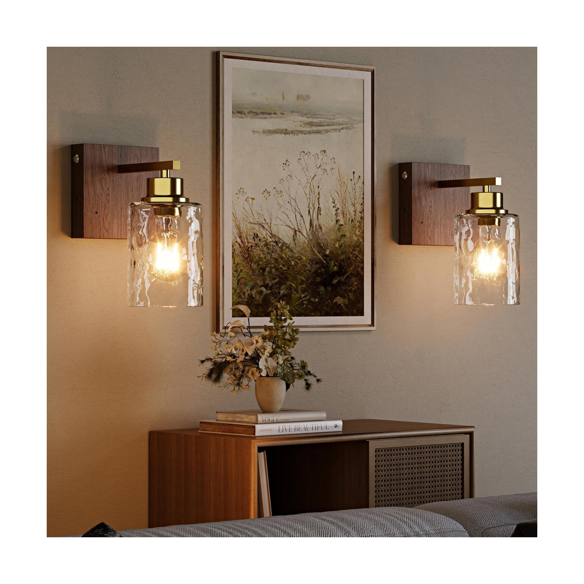 Hammered Glass Battery Operated Wall Sconces Set of Two Gold & Walnut | Dimmable Rechargeable Wall Lights with Remote