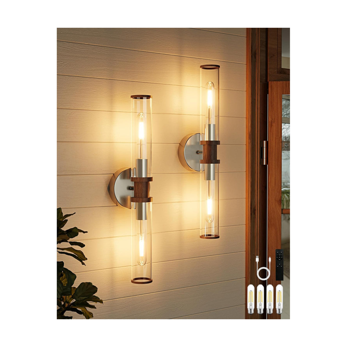 Rayogale Nickel & Walnut Wireless Battery Operated Wall Sconces with Remote | Glass Rechargeable Wall Lights Set of 2