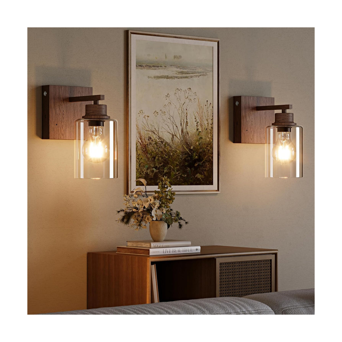 Rayogale Walnut Battery Operated Wall Sconce Set of Two with Remote Control | Dimmable Rechargeable Wall Lights with