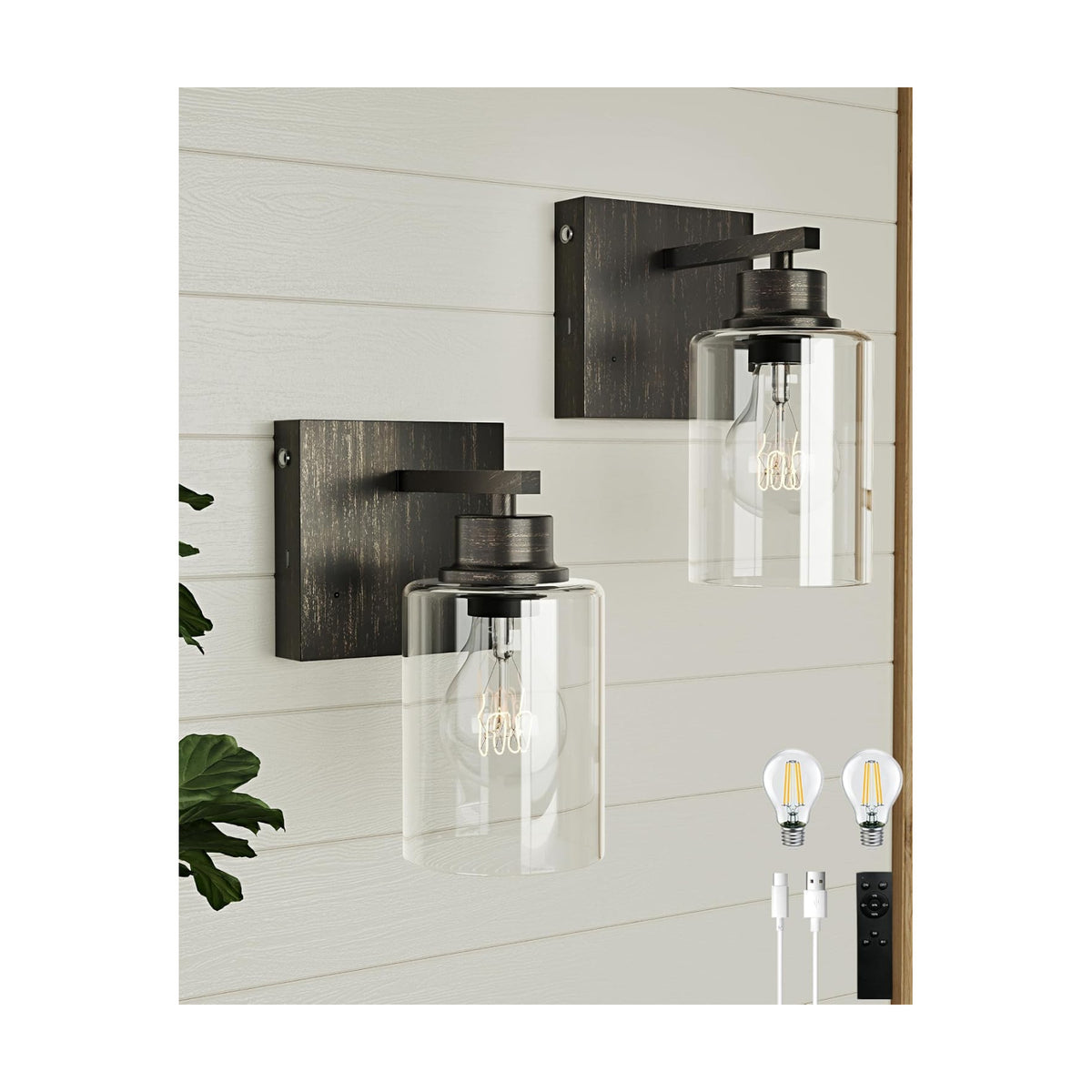 Rayogale Wireless Battery Operated Wall Sconce Set of 2 with Remote Control | Retro Industrial Black Brass Dimmable