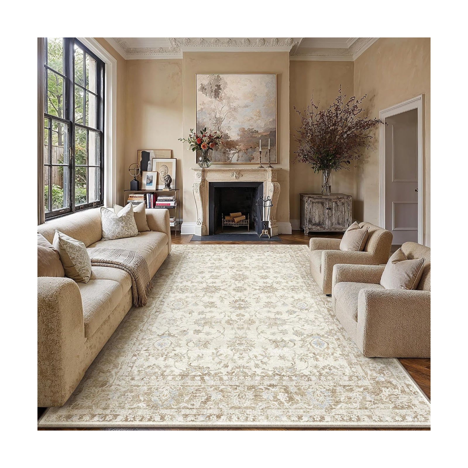 8x10 Beige Neutral Floral Living Room Area Rug