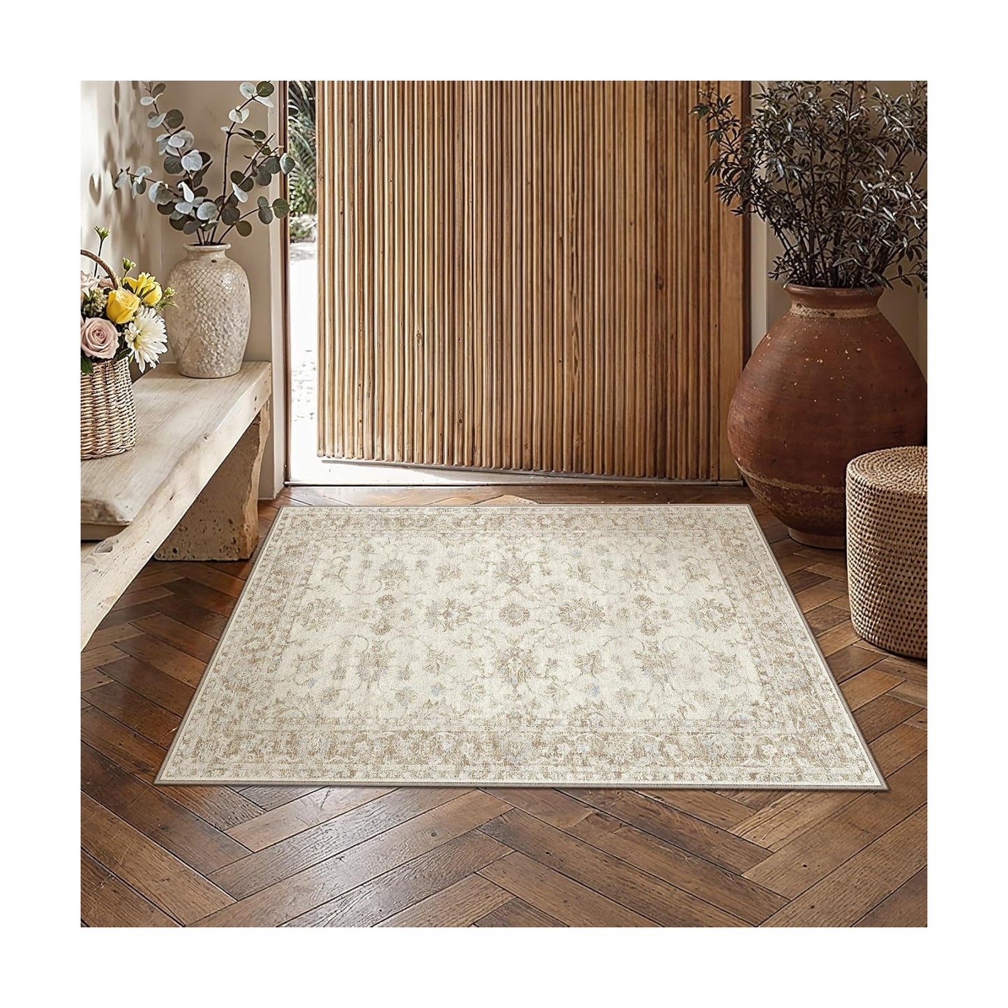 2x3 Beige Neutral Floral Entryway Area Rug