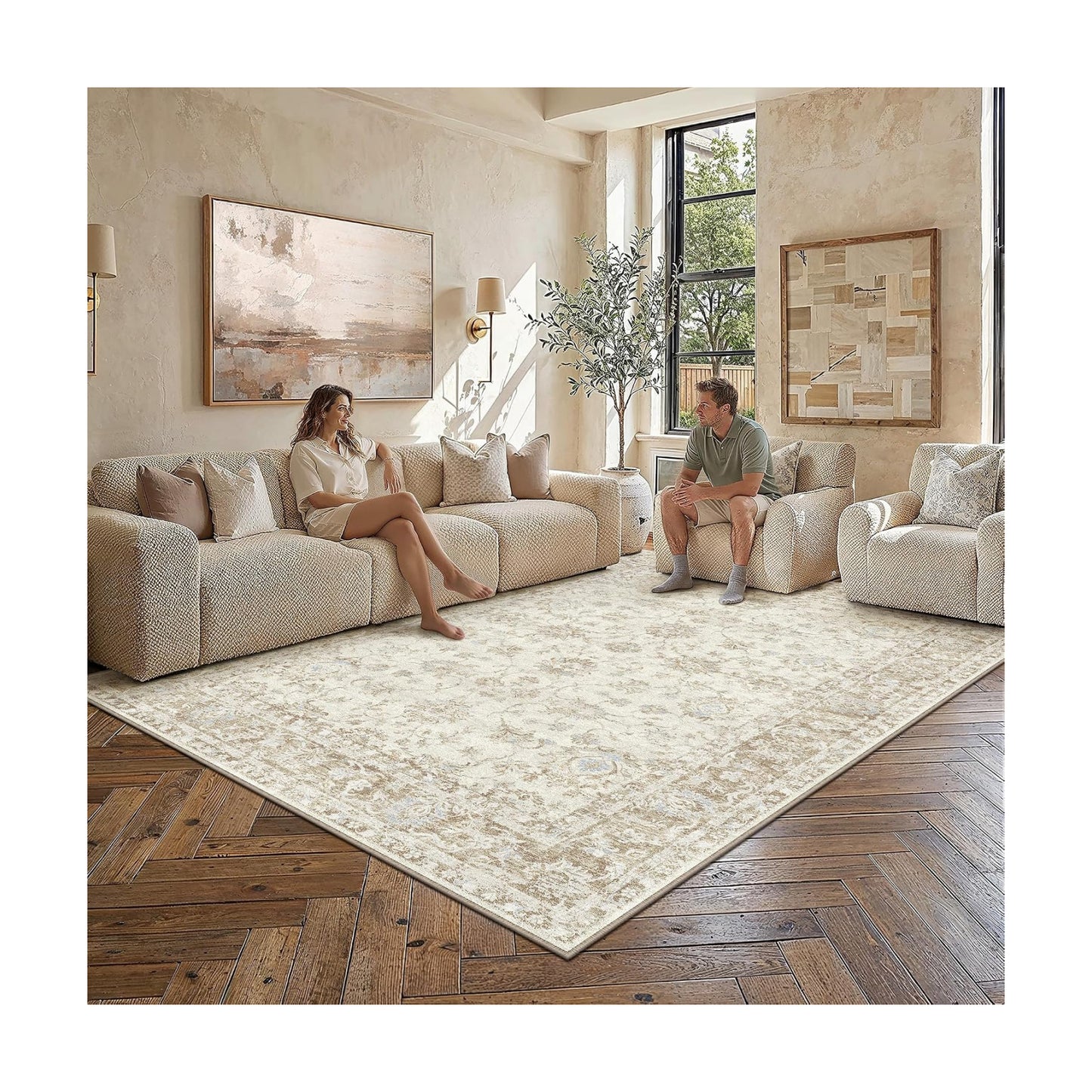 5x7 Beige Neutral Floral Living Room Area Rug