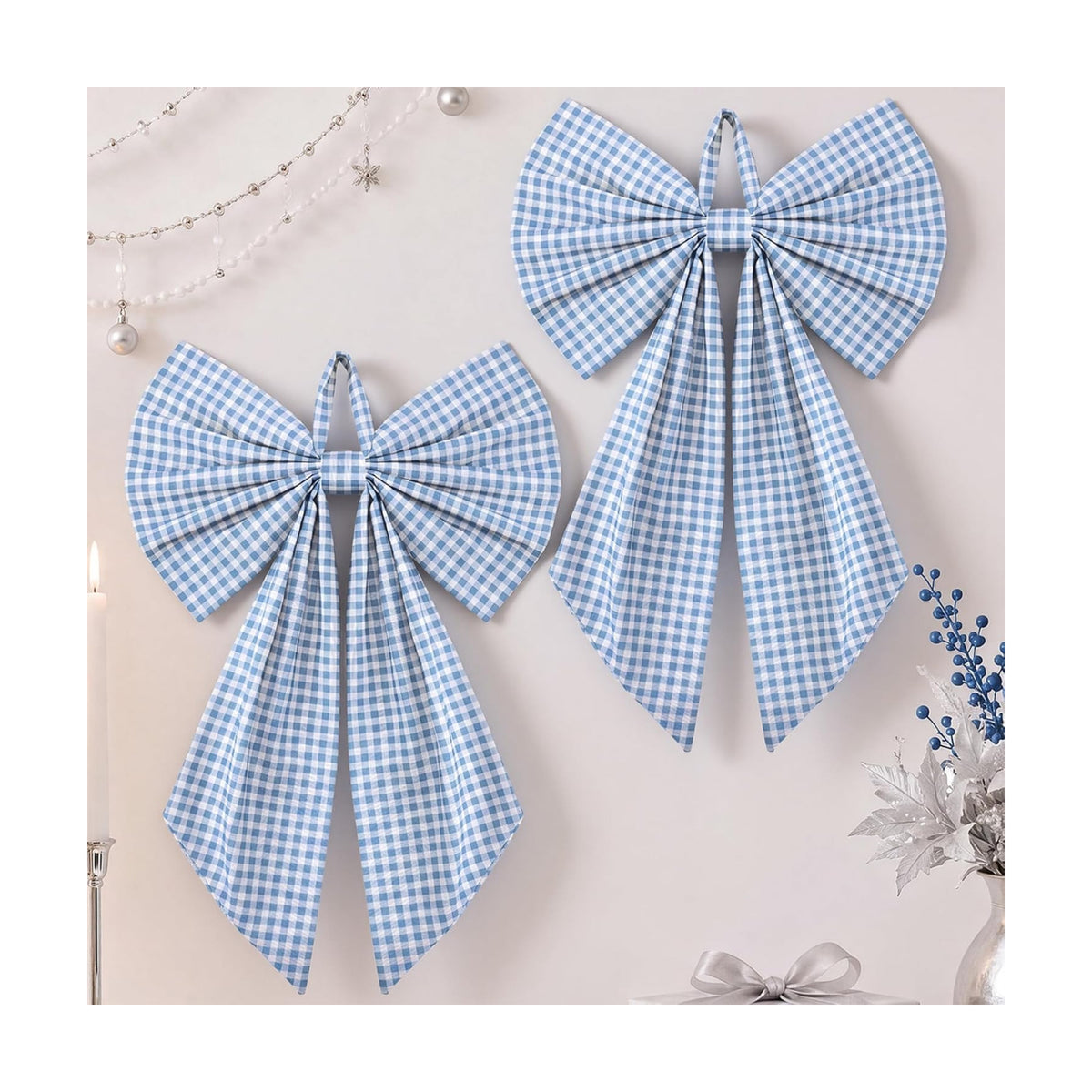 Suncalla 2 Pcs Blue Christmas Gingham Wreath Bows 18'' x 12''