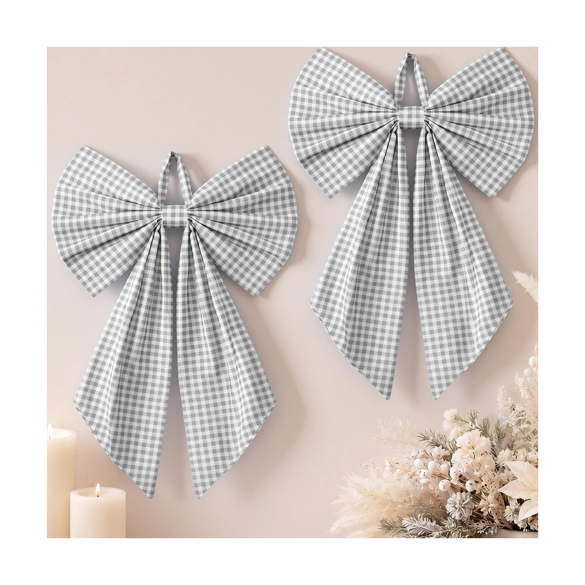 Suncalla 2 Pcs Grey Christmas Gingham Wreath Bows 18'' x 12''