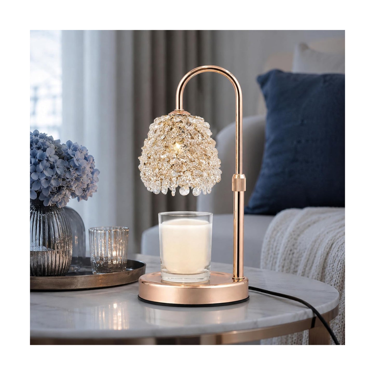 Crystal Candle Warmer Lamp with Timer, Adjustable Height, Dimmable | Hand-Embedded Glass Crystal Lampshade, Electric