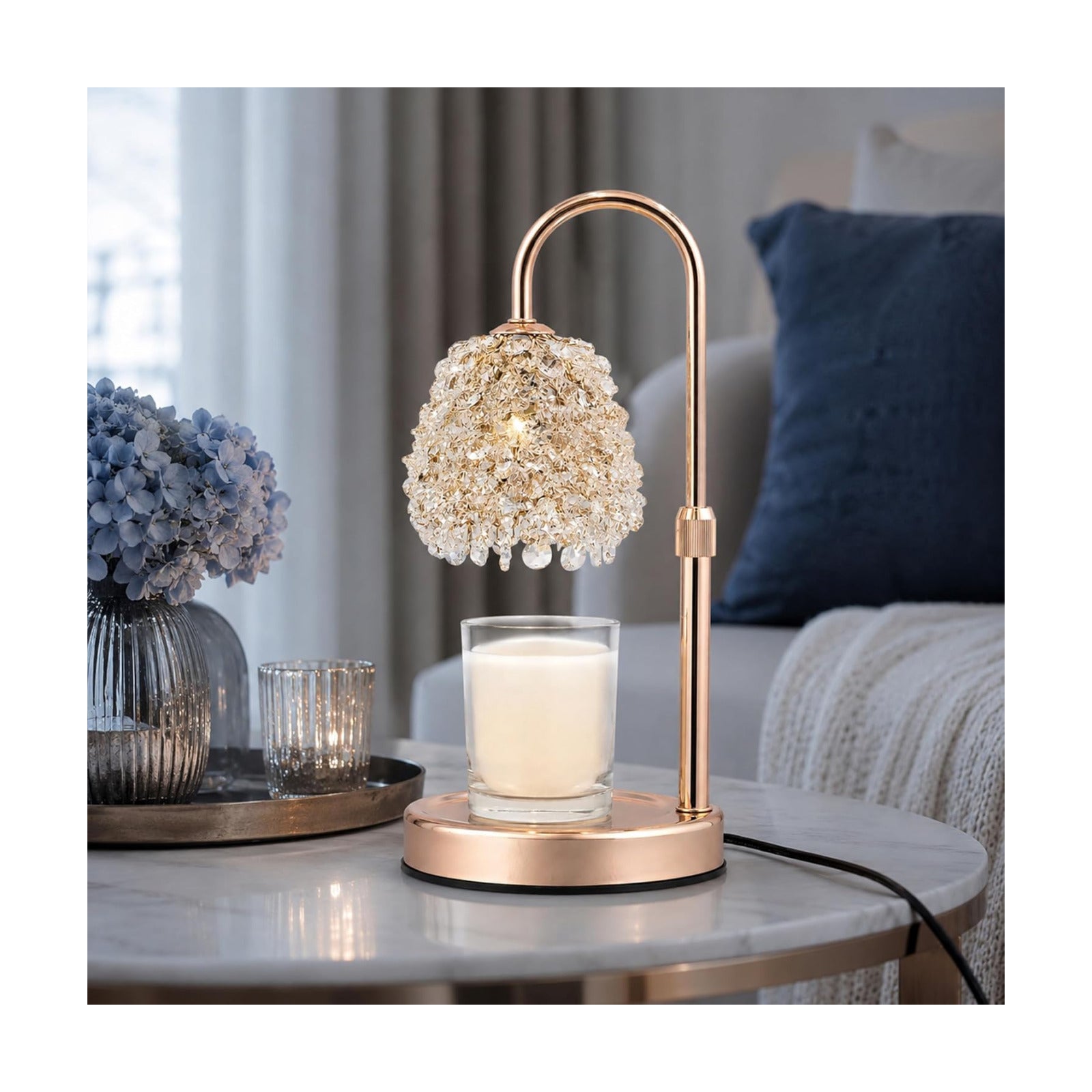 Crystal Candle Warmer Lamp with Timer, Adjustable Height, Dimmable | Hand-Embedded Glass Crystal Lampshade, Electric
