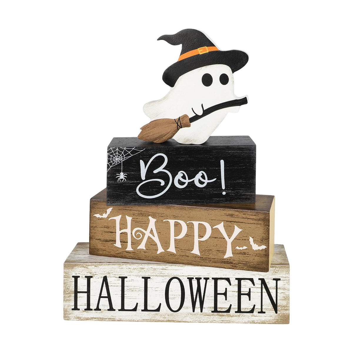 4Pcs Halloween Table Decorations Indoor, Farmhouse Halloween Cute Ghost Block Decorations, Rustic Ghost Table Centerpieces Signs Tiered Tray Decor for Home Mantel Shelf Office Party Supplies