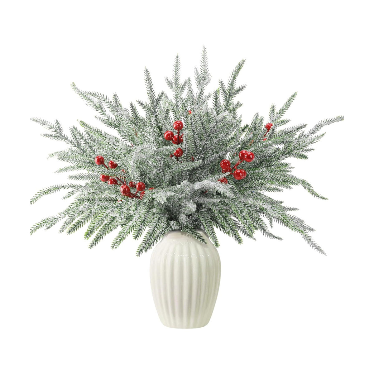 Watayo 35 Pcs Christmas Snow Norfolk Pine Branches with Red Berry Stems