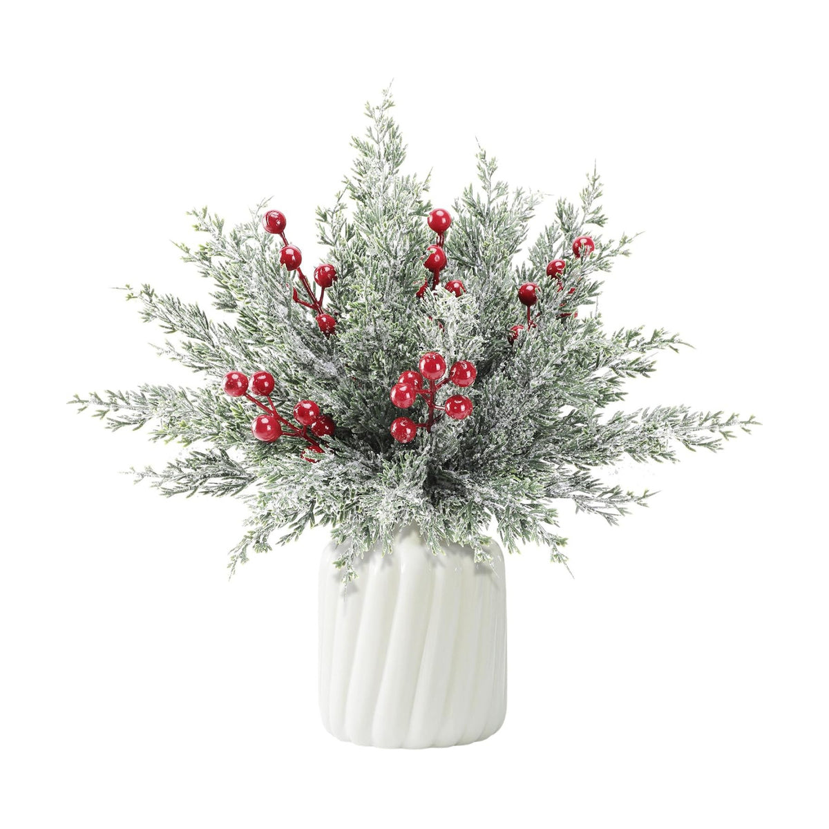 30 Pcs Artificial Christmas Snow Pine Branches Red Berry Stems Faux Sprigs