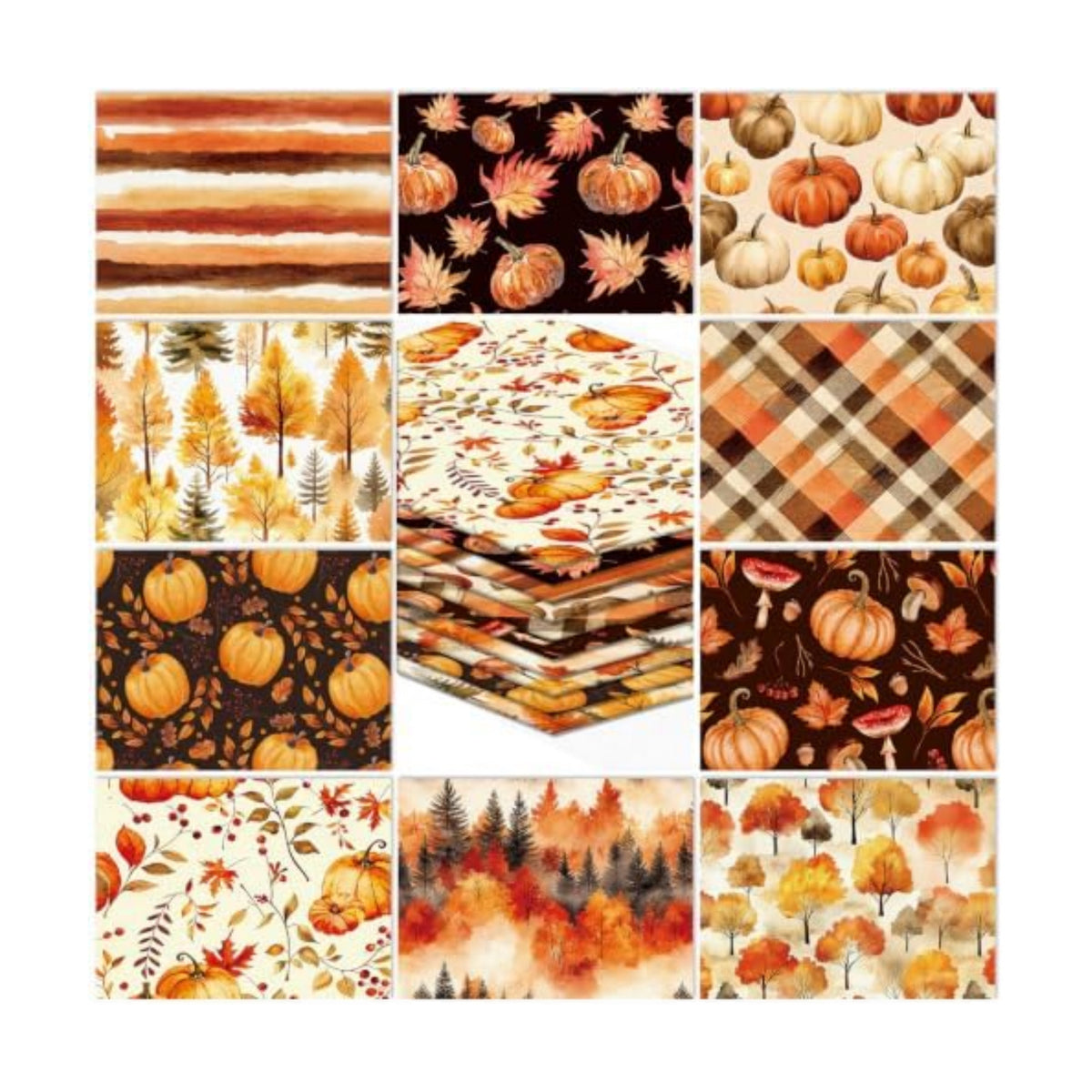 Whaline 10Pcs Fall Cotton Fabric Bundles Pumpkin Maple Leaves Fat Quarters Orange Brown Autumn Forest Sewing Fabrics for Harvest Party Thanksgiving DIY Craft Home Decor, 18 x 22 Inch