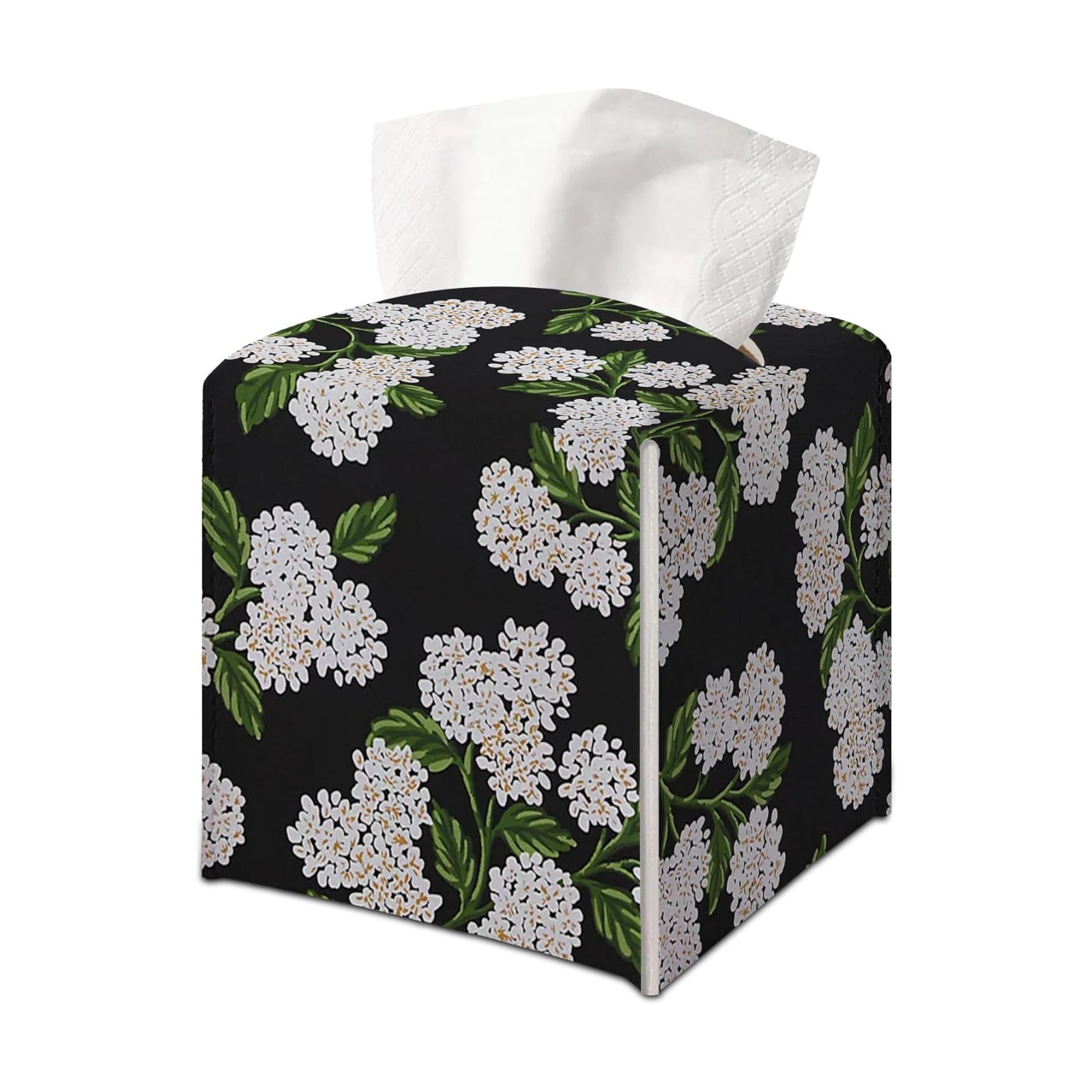 Black and White Hydrangea Square Faux Leather Tissue Box Cover Holder / Black Hydrangea