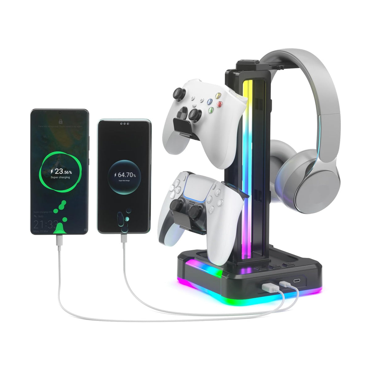 KDD RGB Gaming Headphone and Controller Stand with 2 Type-C and 1 USB Ports | Headset Stand with 9 Light Modes, Headset