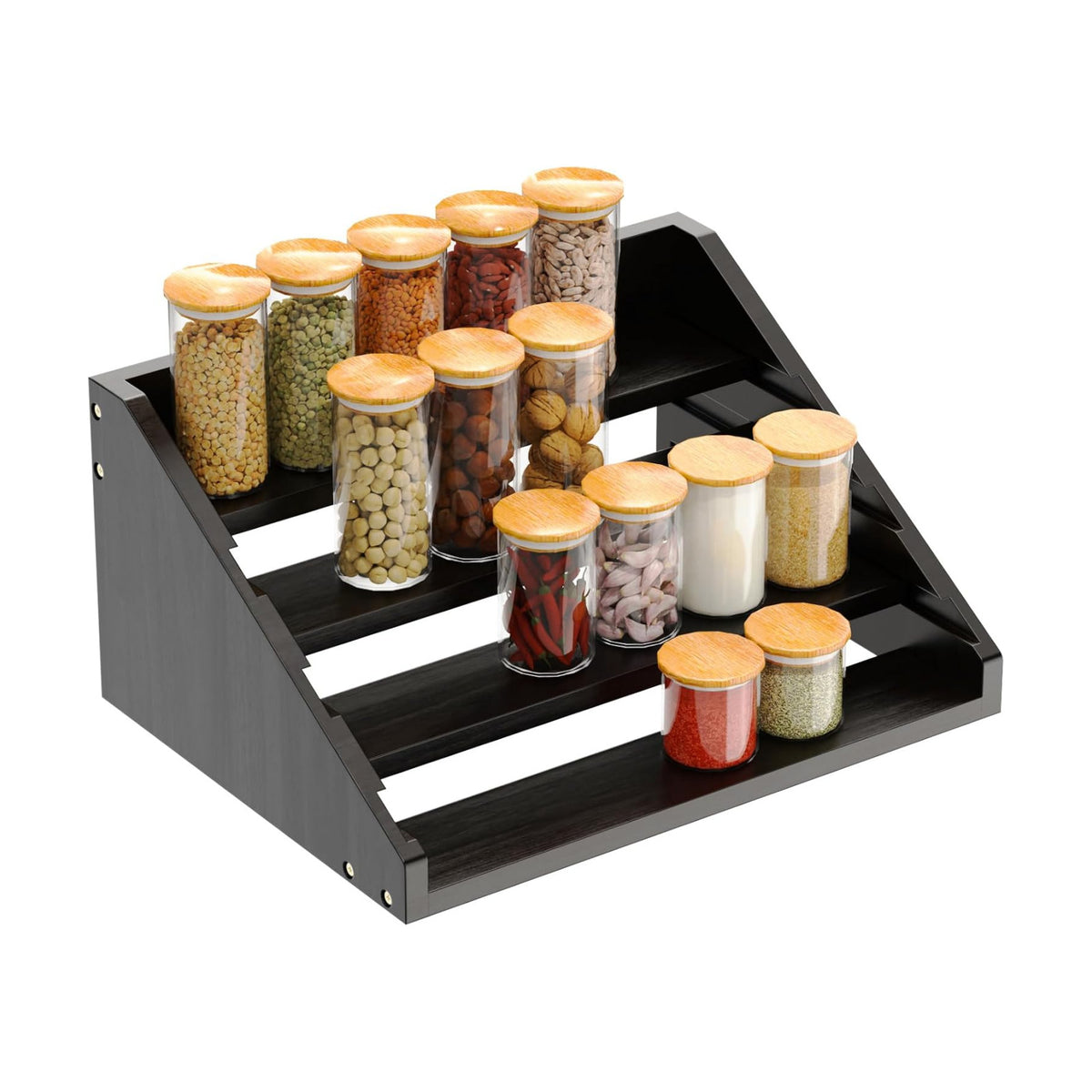 Solid Wood Spice Rack Organizer for Countertop & Cabinet, 4 Tier Adjustable Wooden Spice Shelf with Sliding Track