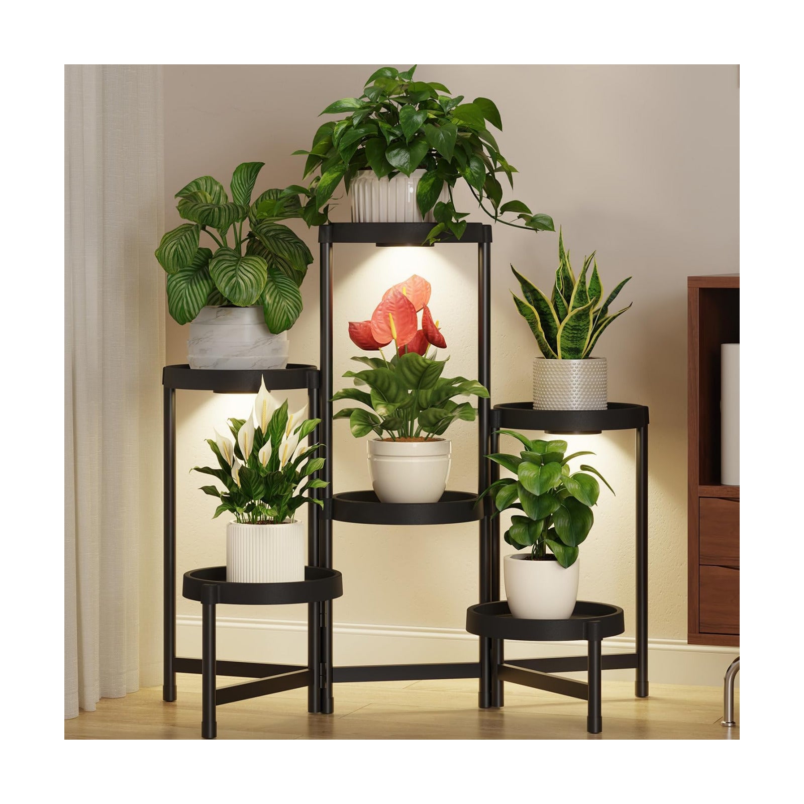 LASZOLA Plant Stand Indoor Outdoor Tall With Grow Lights, 6 Tiers Black | Corner Folding Flower Display Rack, with