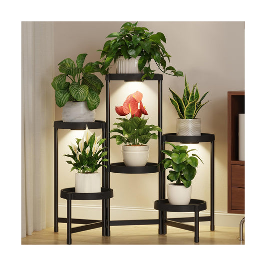 LASZOLA Plant Stand Indoor Outdoor Tall With Grow Lights, 6 Tiers Black | Corner Folding Flower Display Rack, with