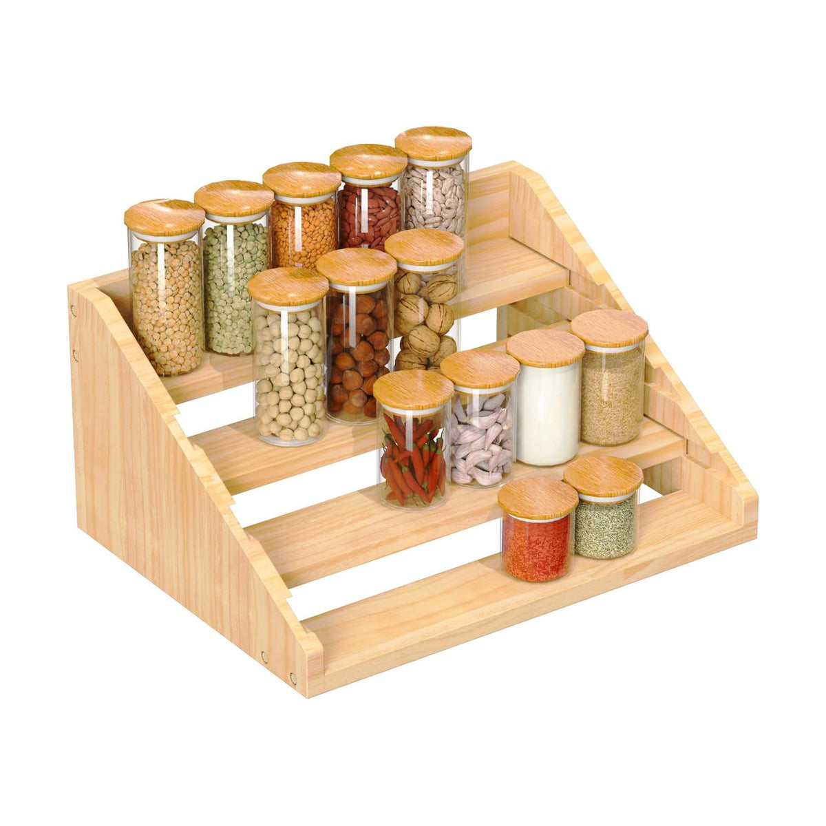 Solid Wood Spice Rack Organizer for Countertop & Cabinet, 4 Tier Adjustable Wooden Spice Shelf with Sliding Track