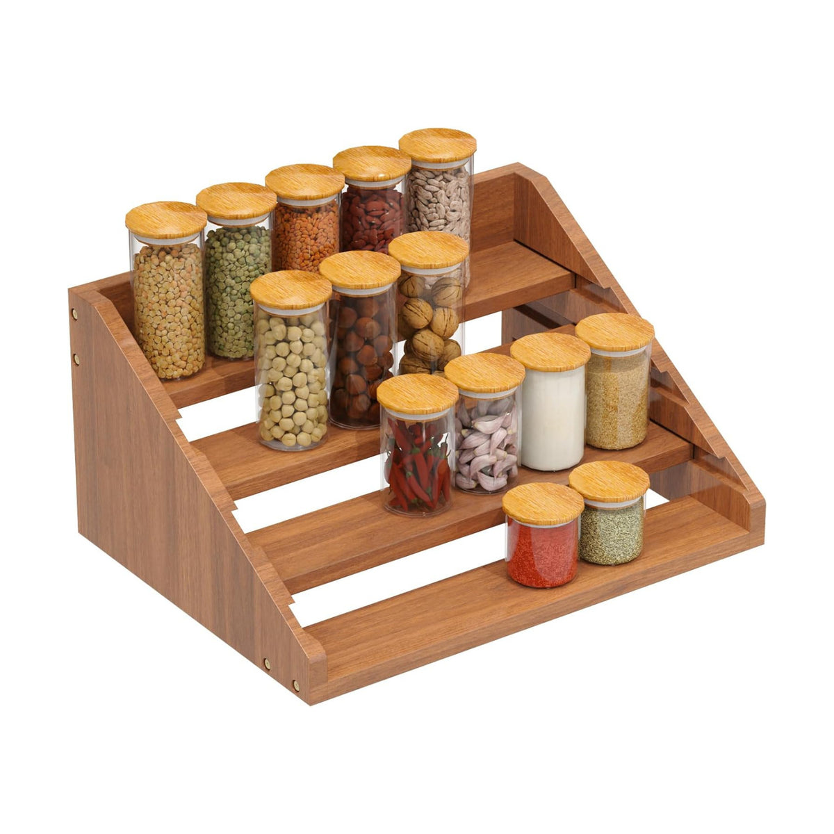 Solid Wood Spice Rack Organizer for Countertop & Cabinet, 4 Tier Adjustable Wooden Spice Shelf with Sliding Track