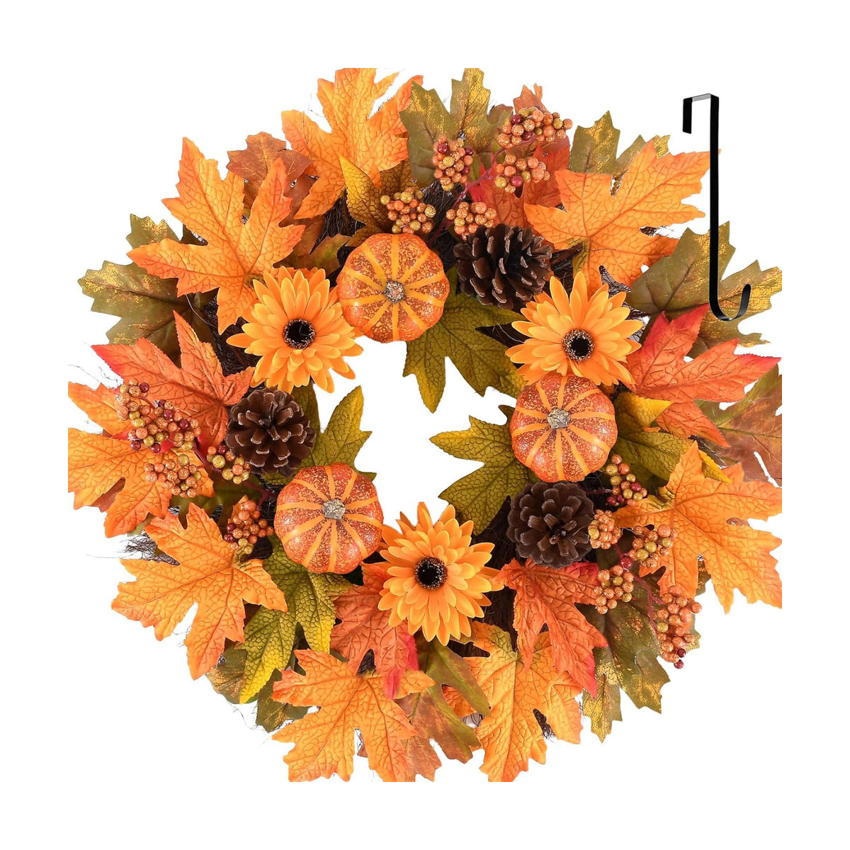 Wellsign 24 Inch Fall Wreath for Front Door Outside with Metal Hanger