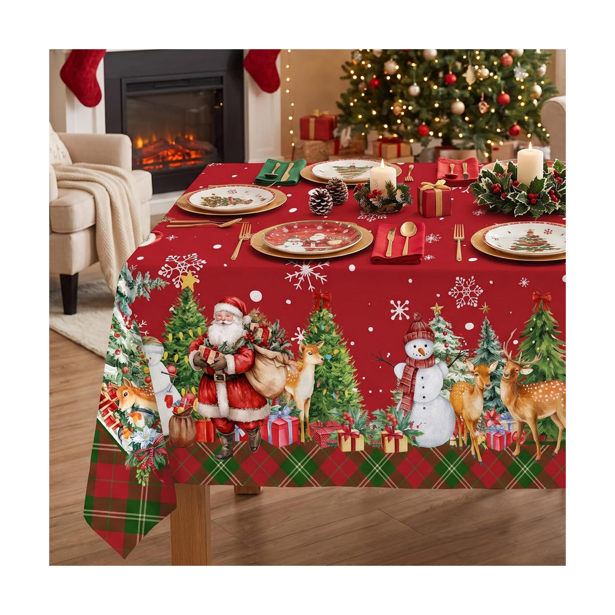 Christmas Tablecloth 52x70 Inch, Santa Claus & Snowman Water Resistant Rectangular Table Cover, Farmhouse Winter Holiday Table Decor for Xmas Dinner Party Kitchen Home