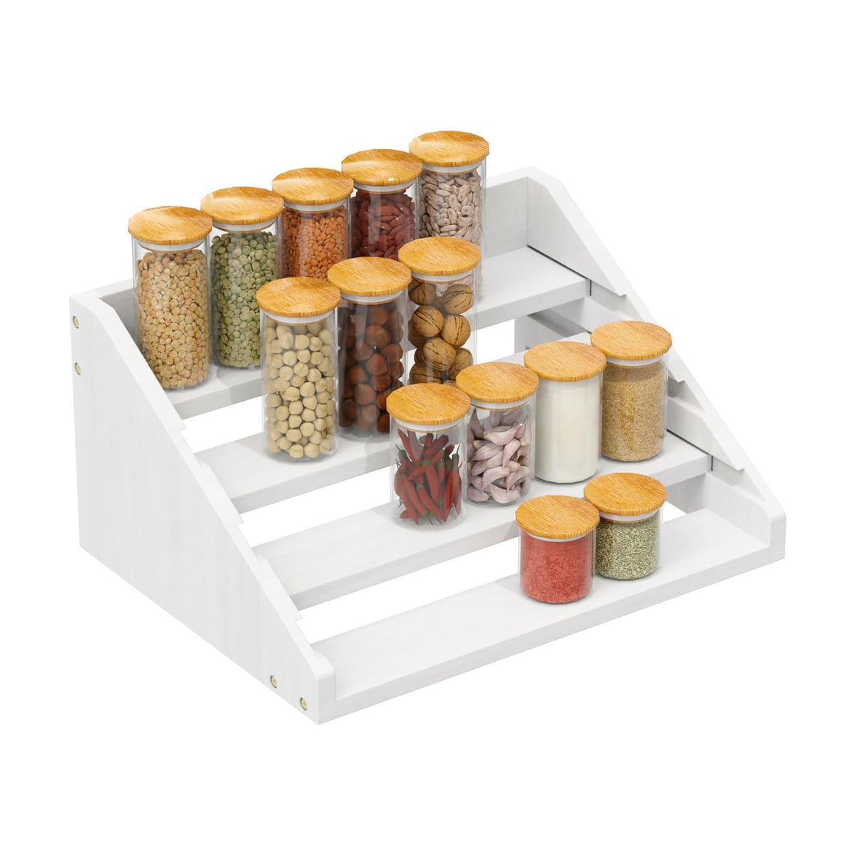 Solid Wood Spice Rack Organizer for Countertop & Cabinet, 4 Tier Adjustable Wooden Spice Shelf with Sliding Track