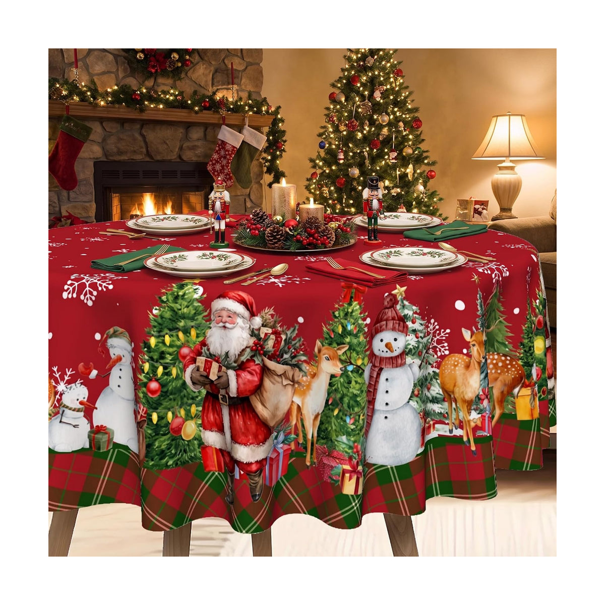 Christmas Tablecloth 60 Inch, Santa Claus & Snowman Water Resistant Round Table Cover, Farmhouse Winter Holiday Table Decor for Xmas Dinner Party Kitchen Home