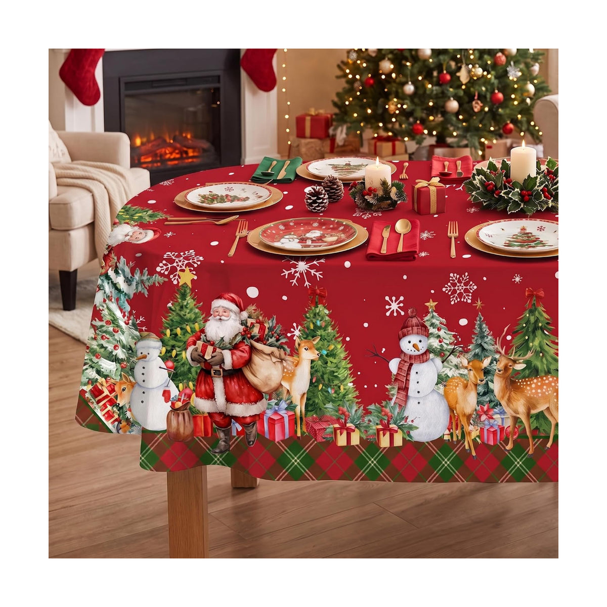 Christmas Tablecloth 60x84 Inch, Santa Claus & Snowman Water Resistant Oval Table Cover, Farmhouse Winter Holiday Table Decor for Xmas Dinner Party Kitchen Home
