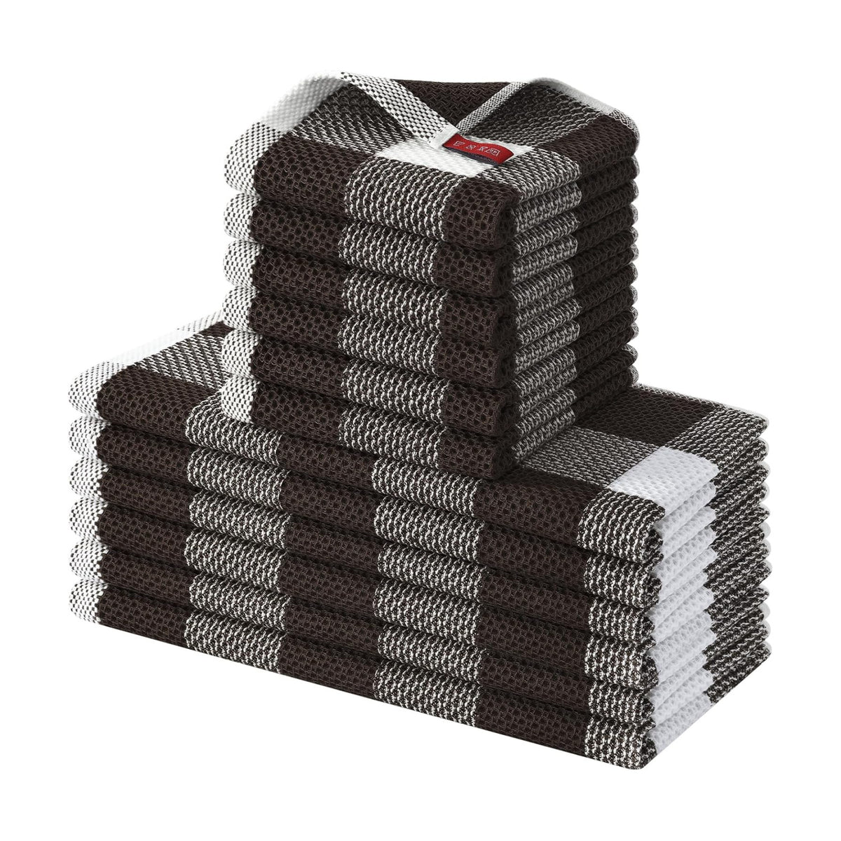 Homaxy Kitchen Towels and Dishcloths Set, Set of 12, White & Dark Brown | Bulk Cotton Waffle Weave Check Plaid Kitchen