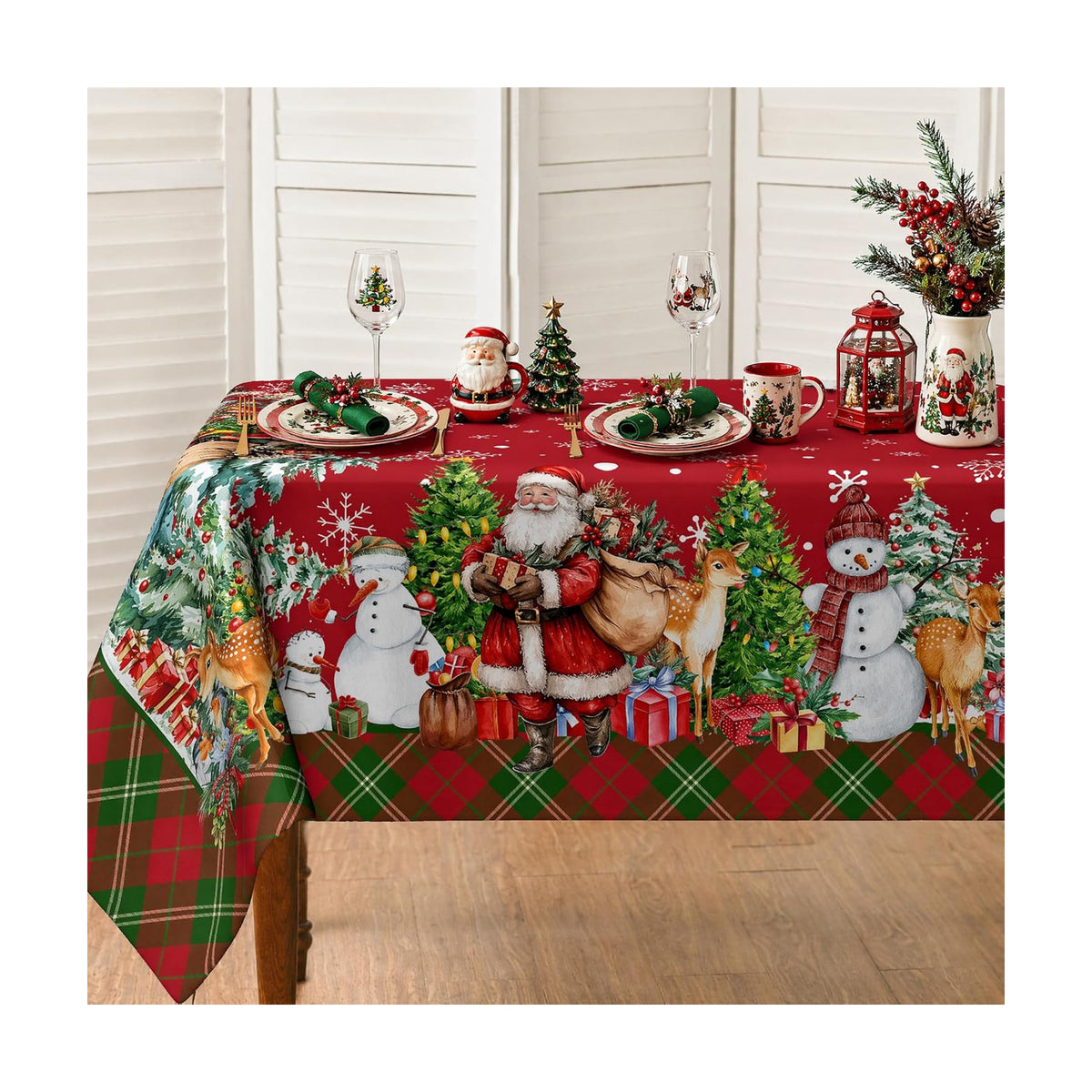 Christmas Tablecloth 60x84 Inch, Santa Claus & Snowman Water Resistant Rectangular Table Cover, Farmhouse Winter Holiday Table Decor for Xmas Dinner Party Kitchen Home