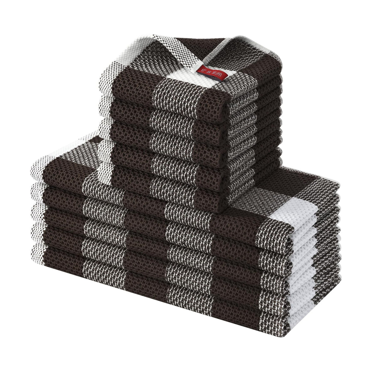 Homaxy Kitchen Towels and Dishcloths Set, Set of 10, White & Dark Brown | Bulk Cotton Waffle Weave Check Plaid Kitchen